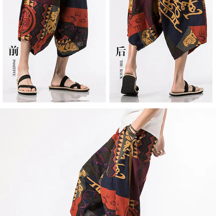 Pantaloncini Estivi Harajuku Larghi con Stampa, Traspiranti, Casual, Lunghezza al Polpaccio, Nuovi Pantaloni da Uomo in Cotone e Lino Oversize Stile Lanterna
