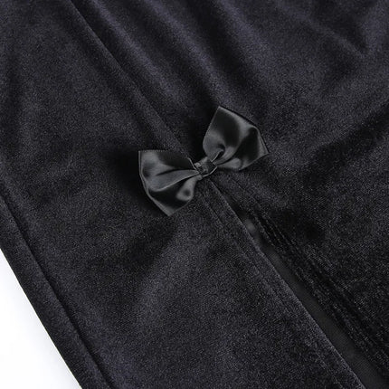 Damen-Punk-Rock-Stil-Rock, neuartiger eleganter langer Rock für Halloween und Festivals, hohe Taille, schlanke Passform, mit sexy Schleife und seitlichem Schlitz, Knielang