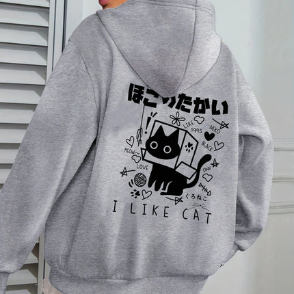 I Like Cat Heart Box Cat Print Women Hoody Autumn Fleece Hoodies Jogging Loose Streetwear Casual All-Match Female Hoodie