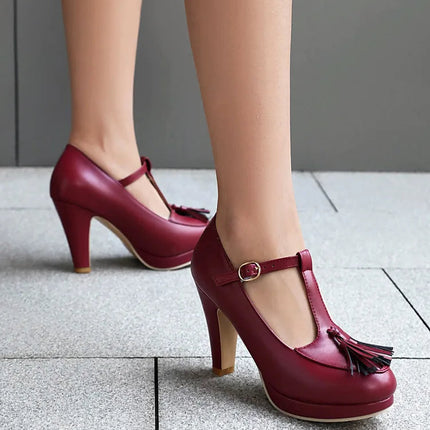 NASBAVI Fashion Female Pumps Round Toe Chunky Heels 9cm Platform 1.5cm Buckle T-Strap Tassels Plus Size 46 47 48 Sexy Shoes PlatiNum
