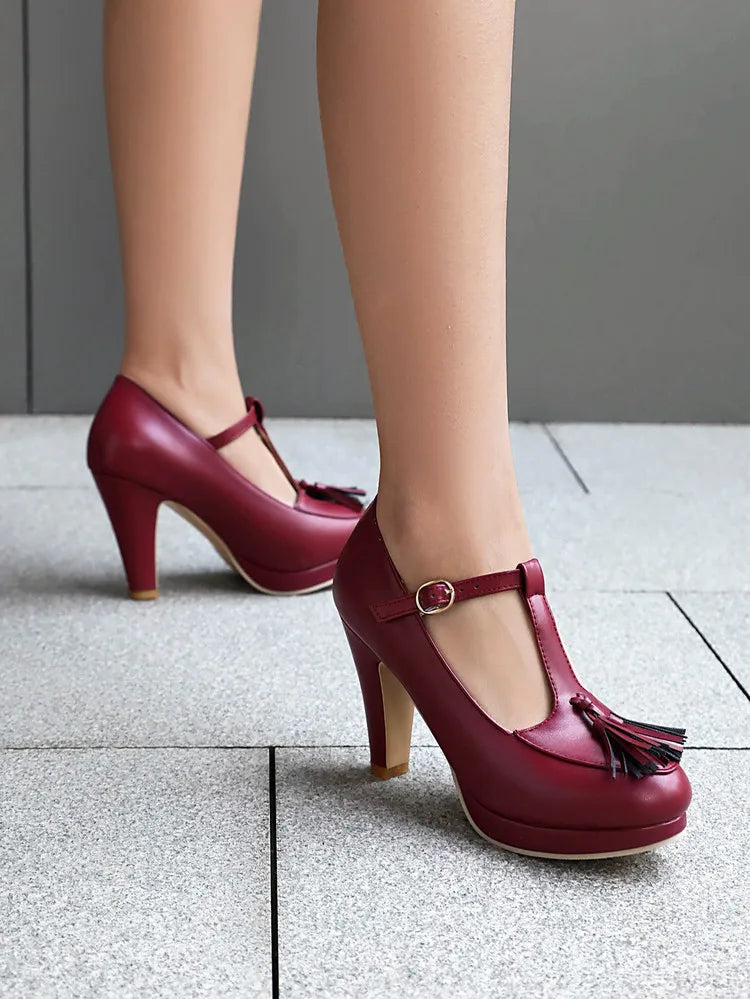 NASBAVI Fashion Female Pumps Round Toe Chunky Heels 9cm Platform 1.5cm Buckle T-Strap Tassels Plus Size 46 47 48 Sexy Shoes PlatiNum