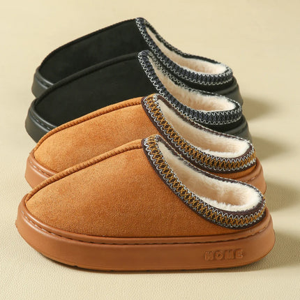 Men's High-End New Solid Color Faux Suede Patchwork Couple's Home Slippers, Thick-Soled, Non-Slip, Lightweight, Warm Cotton Slippers for Women