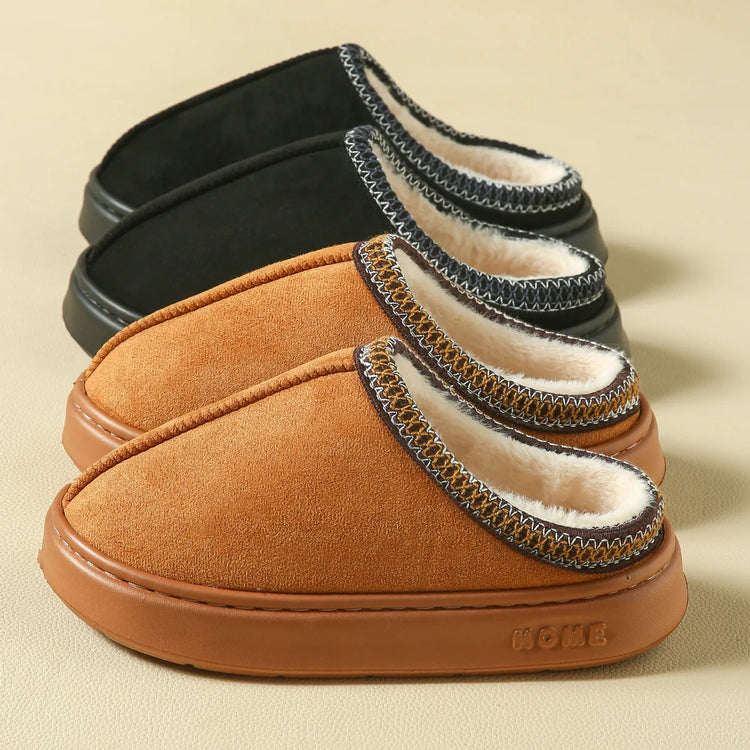 Men's High-End New Solid Color Faux Suede Patchwork Couple's Home Slippers, Thick-Soled, Non-Slip, Lightweight, Warm Cotton Slippers for Women