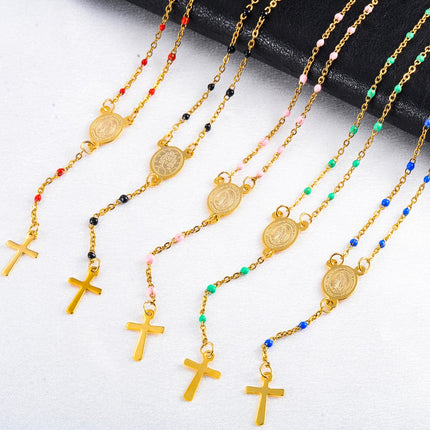 Gesù Croce in Acciaio Inossidabile Rosario Cristiano Cattolico Religioso Larghezza 1.5mm Smalto Satellite Perline Cavo Collana a Catena a Maglia PlatiNum