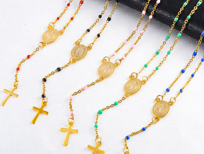 Gesù Croce in Acciaio Inossidabile Rosario Cristiano Cattolico Religioso Larghezza 1.5mm Smalto Satellite Perline Cavo Collana a Catena a Maglia PlatiNum