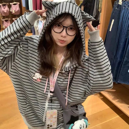 Cartoon Embroidery Women Hoodies Japanese Sweet Cute Cat Ears Striped Hooded Sweatshirts Harajuku Streetwear Loose Casual Coats