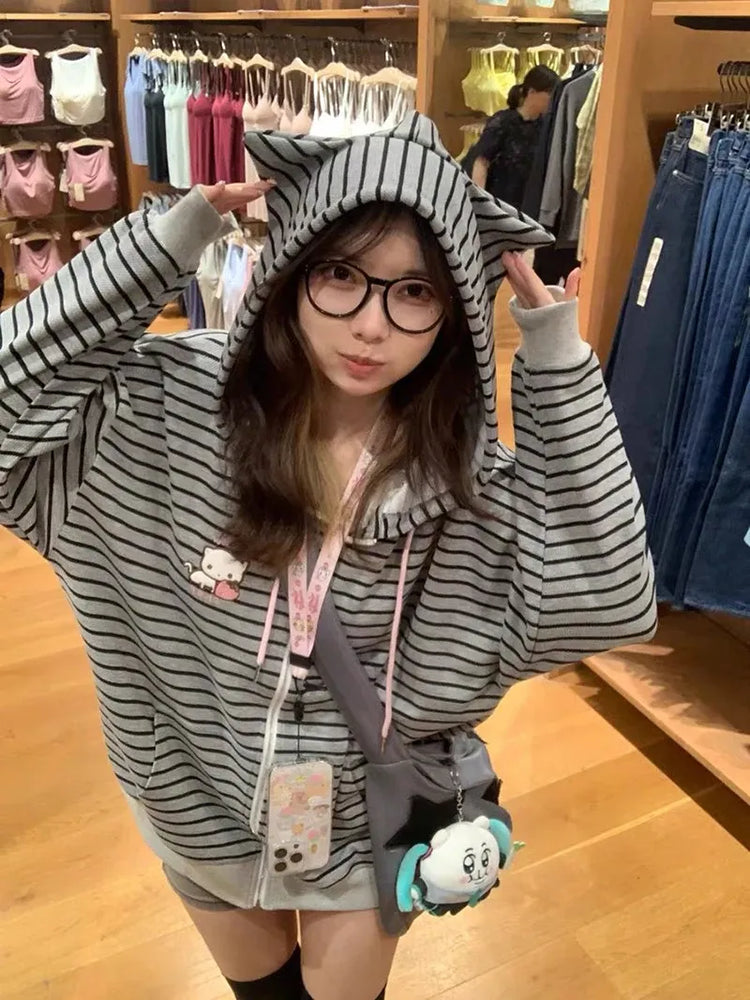 Cartoon Embroidery Women Hoodies Japanese Sweet Cute Cat Ears Striped Hooded Sweatshirts Harajuku Streetwear Loose Casual Coats