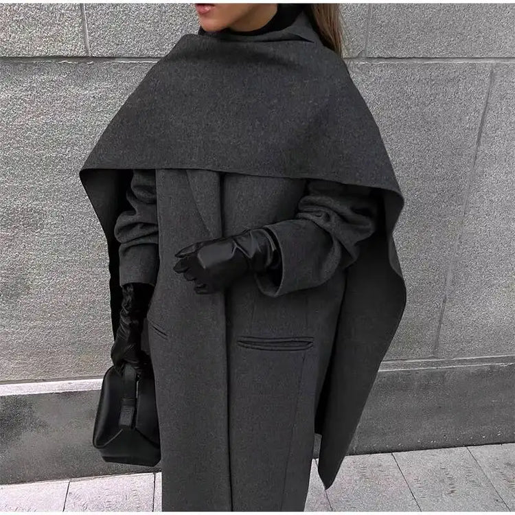 Elegant Big Scarf Collar Women's Coat Fashion Double Breasted Pockets Overcoats 2026 Autumn New High Street Oversize Outerwears
