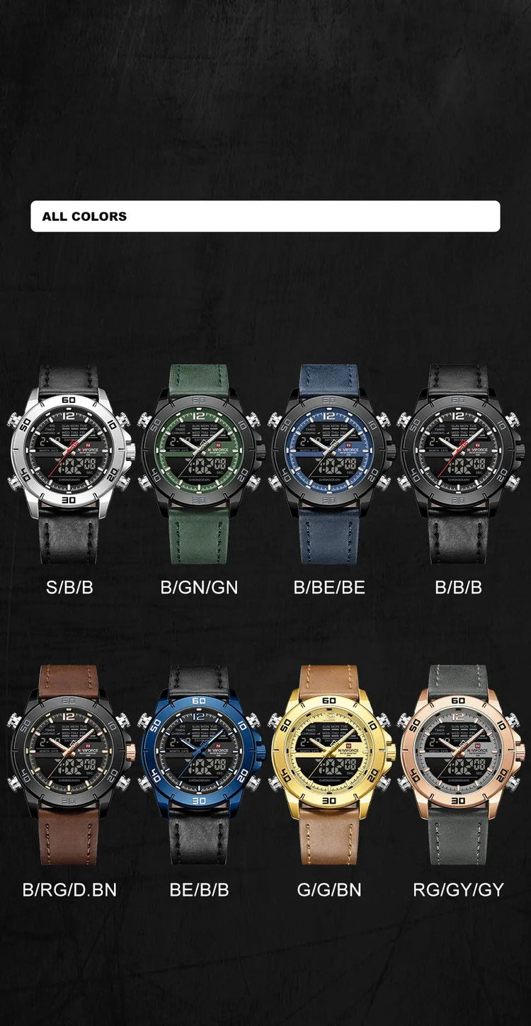 NAVIFORCE Orologio alla moda da uomo con cinturino in vera pelle Movimento al quarzo resistente all'acqua 30M Display luminoso con giorno e data F platinumshop