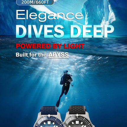 NORTH EDGE NEW Design ABYSS Solar Powered Dive Quartz Wristwatch 200M Waterproof Sports Diving Watch 316L Soft Strap Men Watches
