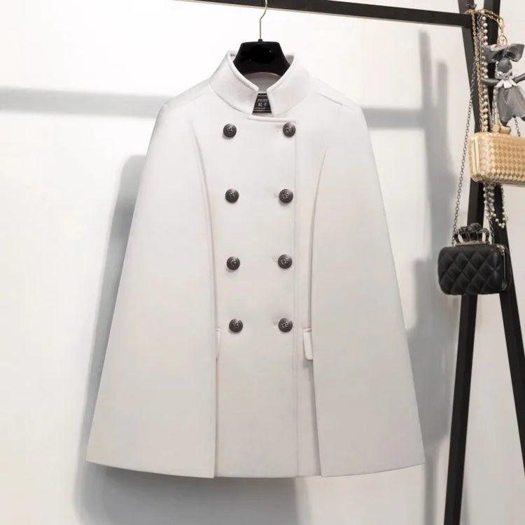 New Winter Women Double Breasted Cape Woolen Blends Elegant Ladies Coat Stand Collar Cloak Outwear Coats Vintage Overcoat