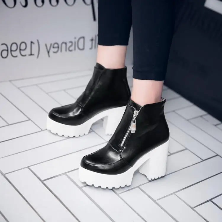 Black White Platform Ankle Boots for Women High Heels Boots Ladies Zip Autumn Winter Booties Woman Boots Shoes Ladies Shoes