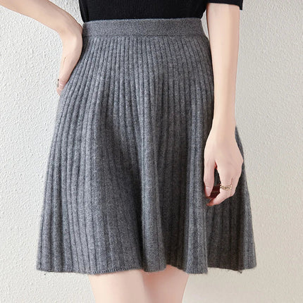 Korean Skirt 100% Merino Wool Women's Knitted Mini Skirt Autumn and Winter Women's Fashion Solid Color Small Umbrella Skirt PlatiNum