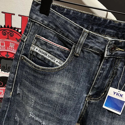 2023 Spring and Autumn New Men's Fashion Trend Ripped Patch Small Foot Pants Men's Casual Slim Comfortable High-Quality Jeans PlatiNum