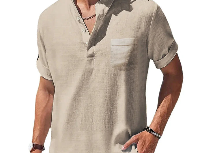 New Men's Henley Collar Casual Shirts Solid Color Short Sleeve Cotton Linen Summer Shirt Loose Breathable Beach T-shirts