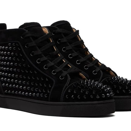 Black Studded Leather Rivets High-Top Sneakers Classic Designer Style Round Toe Men's Sports Shoes Comfort Lace-Up Casual Shoes