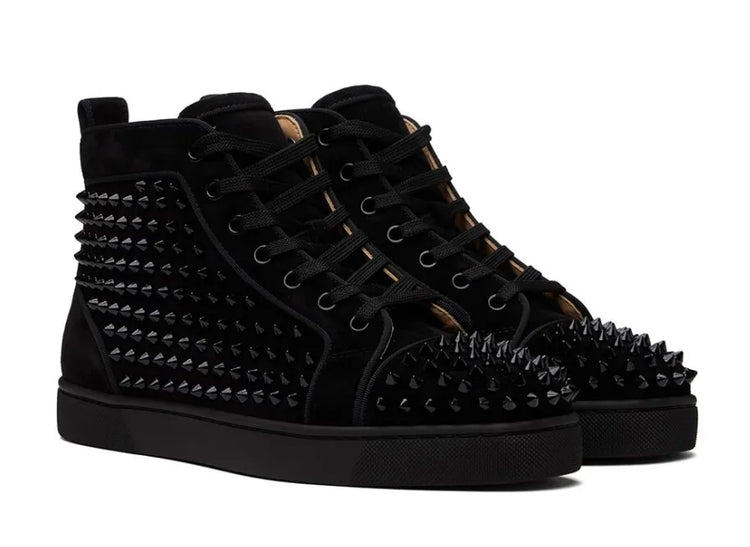 Black Studded Leather Rivets High-Top Sneakers Classic Designer Style Round Toe Men's Sports Shoes Comfort Lace-Up Casual Shoes