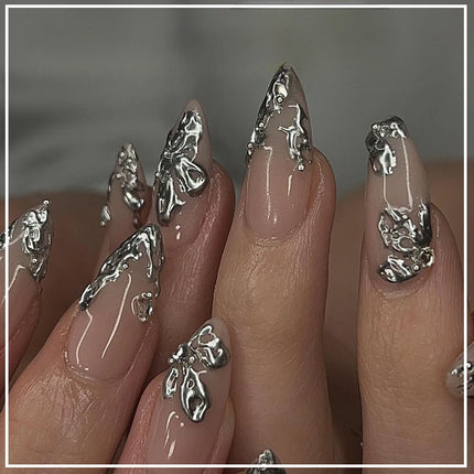 24Pcs Medium Almond Nude‑Pink 3D Textured Metallic Cat‑Eye French Sheer Press‑On False Nails For Nail Art Decor