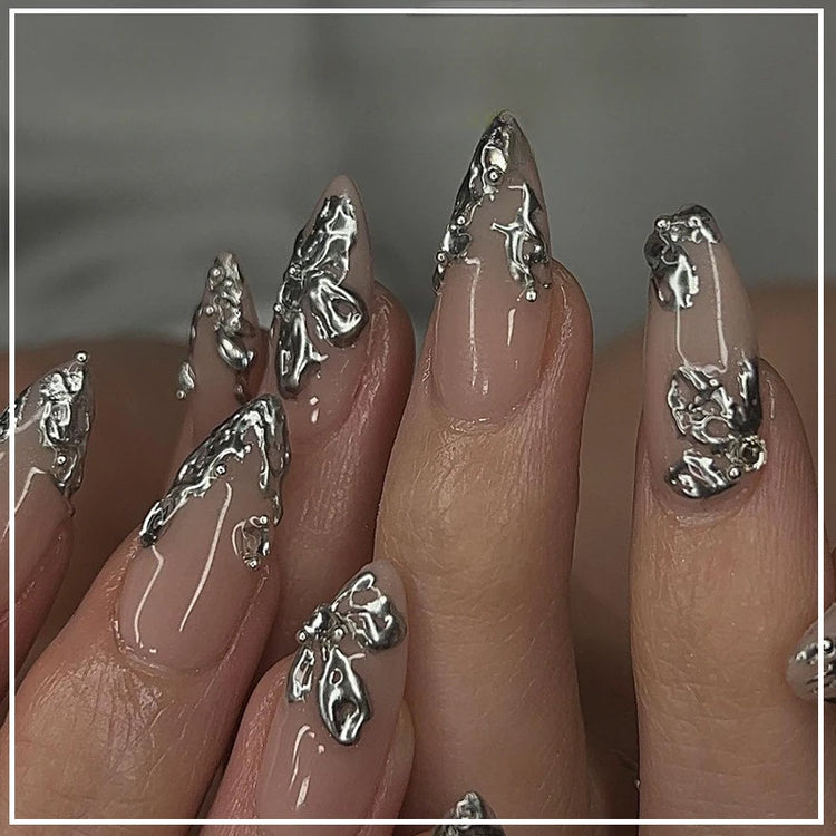 24Pcs Medium Almond Nude‑Pink 3D Textured Metallic Cat‑Eye French Sheer Press‑On False Nails For Nail Art Decor
