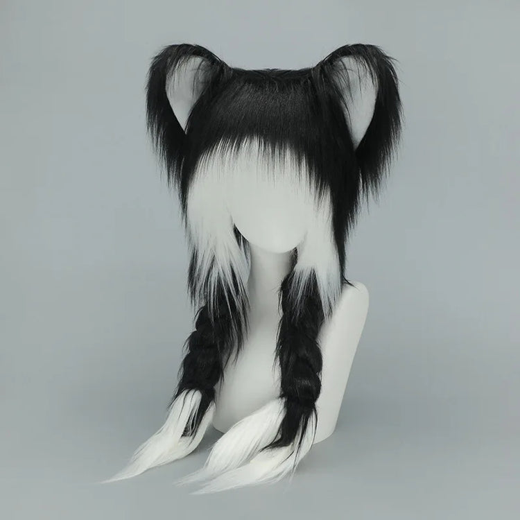 Long Plush Cat Ear Hat Fox Ear Double Braid Caps Cute Lolita Anime Fall Winter Cap Y2K Anime Cosplay Accessories