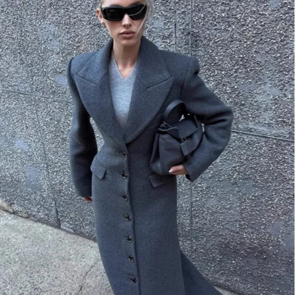 Women's Long Coat Slim V Neck Single Breasted Overcoats Shoulder Pad Maxi Jackets with Belt 2025 New Winter Lady Commute Outwear