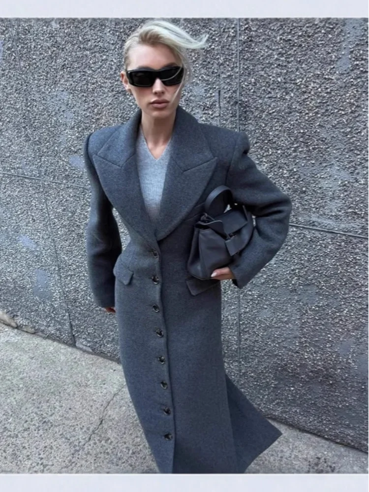 Women's Long Coat Slim V Neck Single Breasted Overcoats Shoulder Pad Maxi Jackets with Belt 2025 New Winter Lady Commute Outwear