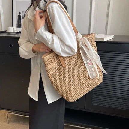 Large Capacity Summer Tote Bag, Women's Hand-Woven Shoulder Bag, Fresh Rural Style