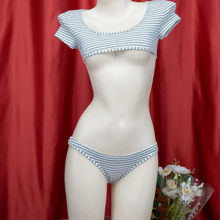 La biancheria intima giapponese della maglietta a righe Super corte imposta il Bikini uniforme delle ragazze del Costume Cosplay della scuola di stile a tre punti platinumshop