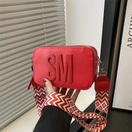 Chic SM Letter Camera Bags, Stylish Women’s Crossbody Small Square Purses with Wide Patterned Straps, Perfect for Daily Casual PlatiNum