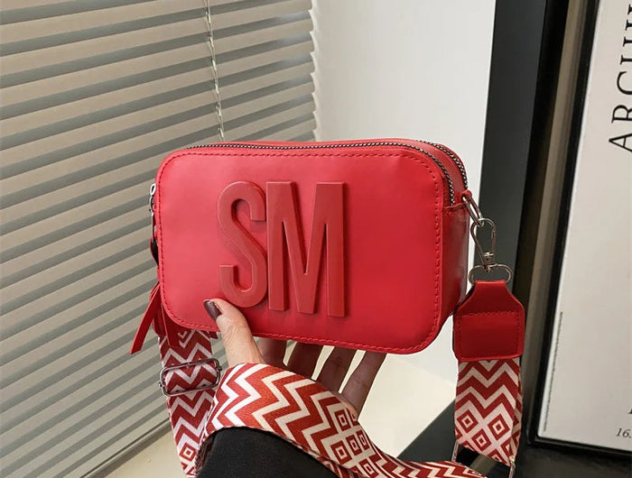 Chic SM Letter Camera Bags, Stylish Women’s Crossbody Small Square Purses with Wide Patterned Straps, Perfect for Daily Casual PlatiNum