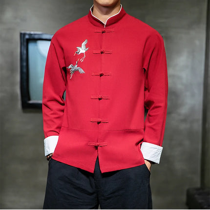 Camicie con ricamo gru Abbigliamento tradizionale cinese vintage Mezza manica da uomo in lino Solido colletto Madarin Cardigan Hanfu Kungfu