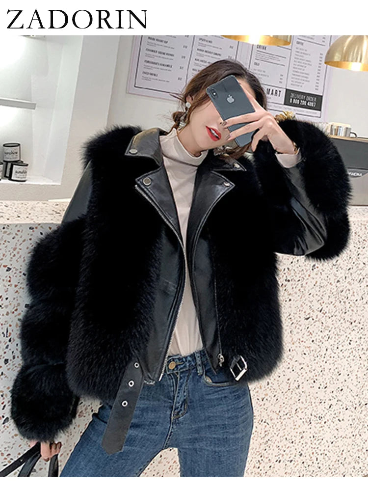 ZADORIN Top Fashion Luxury FAUX Fox Fur Coat Motorcycle PU Leather Turn Down Collar Warm Faux Fur Jacket Women Autumn Winter New
