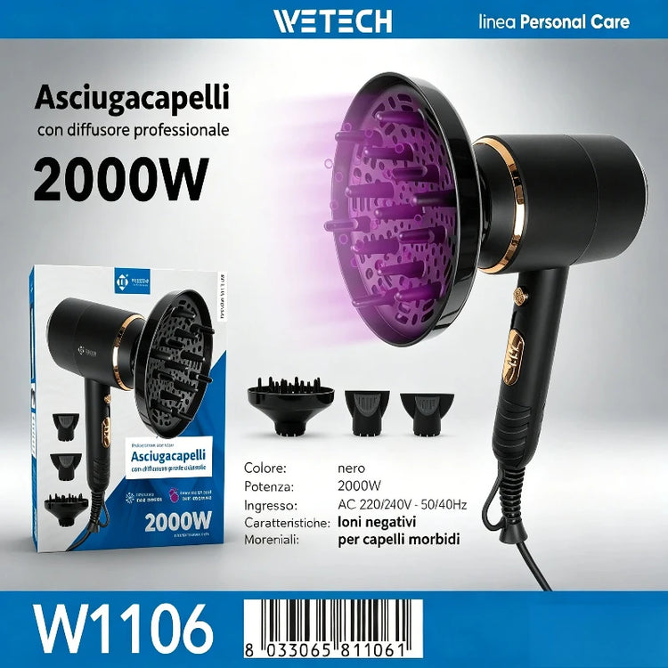 2000W Professional Negative Ionic Hair Dryer Hot Cold Air Adjustable Temperature Blow Dryer Salon Home Use With Nozzle/Diffuser Fast Drying