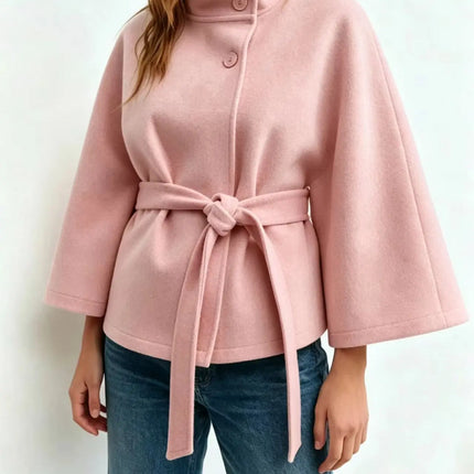 Women's Cape Coat Elegant Stand Collar Belted Solid Color Button Down Autumn Winter Jacket
