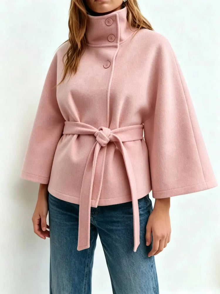 Women's Cape Coat Elegant Stand Collar Belted Solid Color Button Down Autumn Winter Jacket
