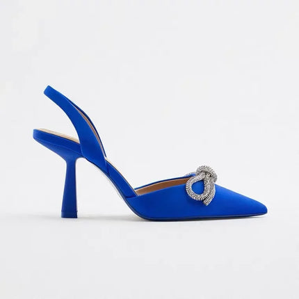 Décolleté blu Slingback da donna tacchi alti Crystal Bowknot Party Dress Shoes donna Sexy sandali con tacco a spillo a punta estate 2024