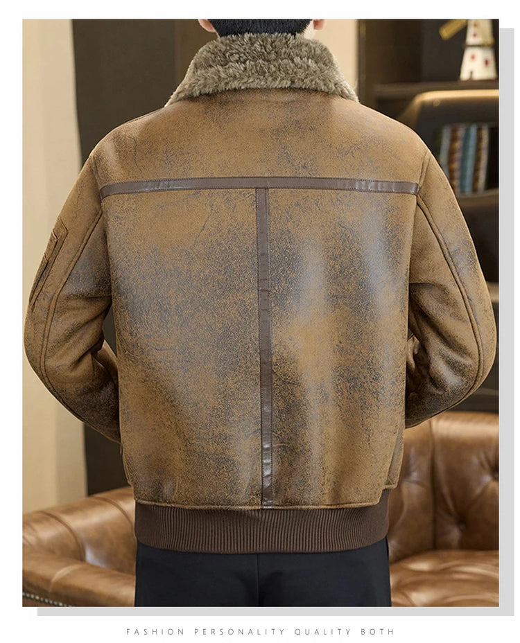 2025 Winter Fur Integrated Leather Jacket Men Thick Velvet Imitation Fur Leather Coat Loose Motorcycle Coat Casual Streetwear