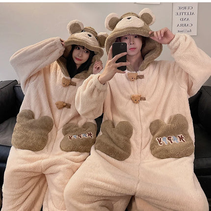 DAIMELU bear cartoon sleepwear long sleeved pajamas men winter thickened warm coral fleece flannel one-piece male loungewear set