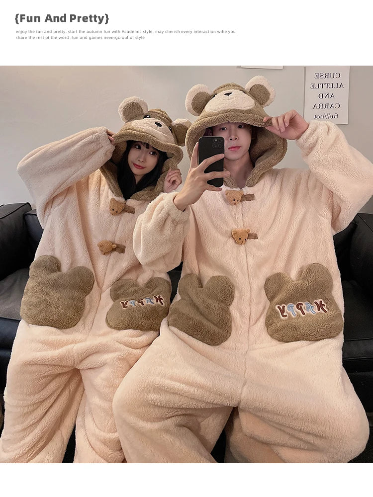 DAIMELU bear cartoon sleepwear long sleeved pajamas men winter thickened warm coral fleece flannel one-piece male loungewear set