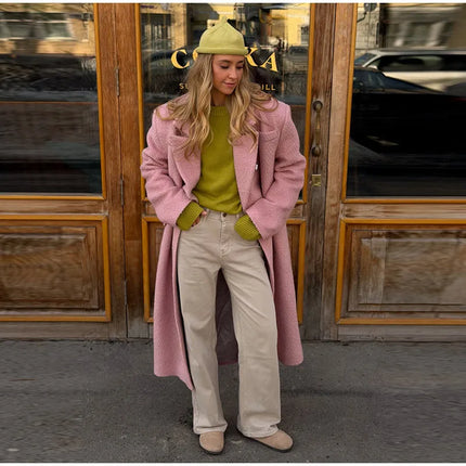 Elegant Women's Woolen Overcoat Solid Lapel Double Breasted Full Sleeve Long Coat 2026 Autumn Winter Fashion Lady Outwear