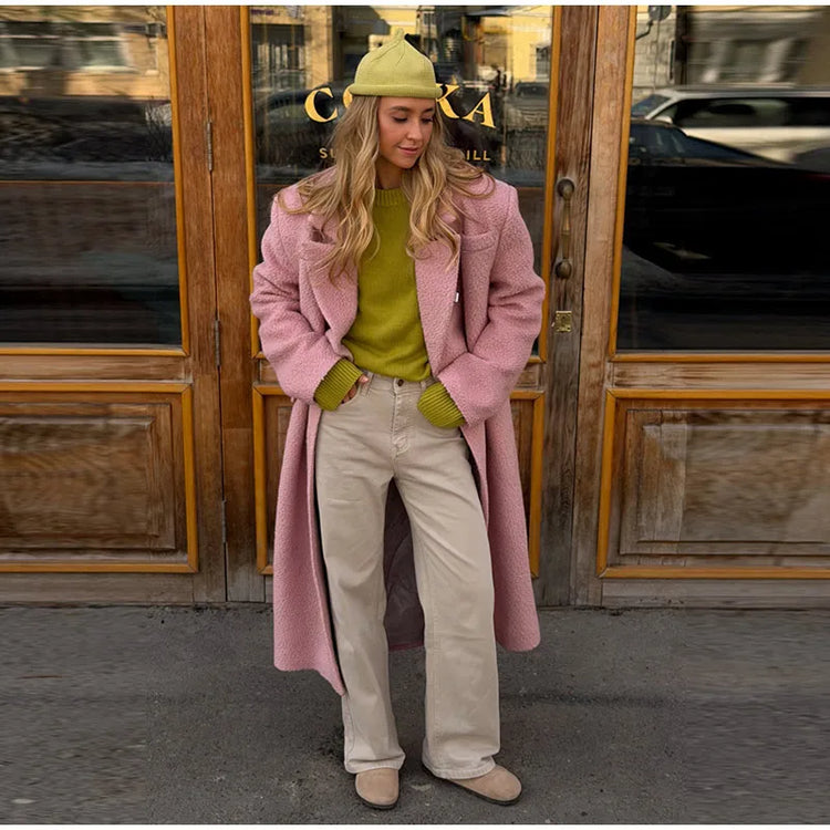 Elegant Women's Woolen Overcoat Solid Lapel Double Breasted Full Sleeve Long Coat 2026 Autumn Winter Fashion Lady Outwear