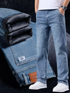 Business Casual Stretch Denim Pants Work Velvet Flocking Trousers High Quality Men's Winter Warm Fleece Lined Thicken Jeans