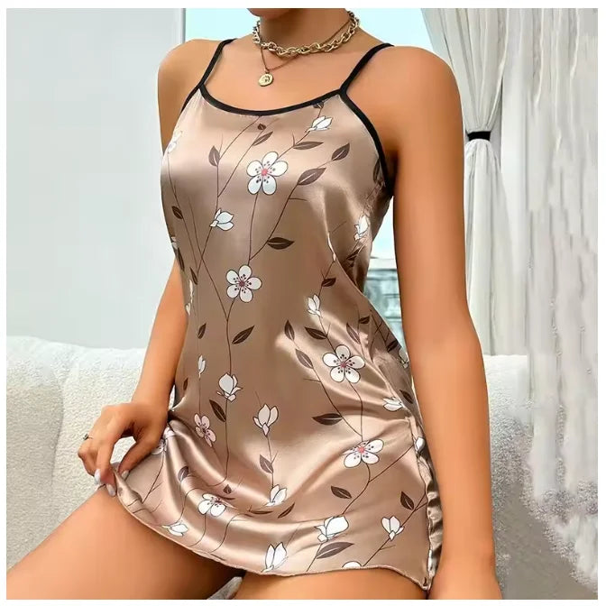 Indumenti da notte da donna Camicia da notte estiva in raso con stampa floreale Camicia da notte casual senza maniche senza schienale Camicia da notte sexy Abiti per la casa