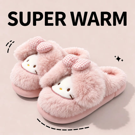 2026 Cute Bow Cat Cartoon Plush Slippers Women Men Winter Warm Thick Sole House Shoes Indoor Fuzzy Comfortable Soft Home Slides