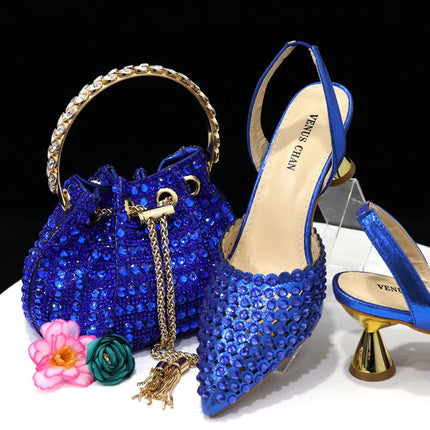 Venus Chan Pointed Toe Heels for Women 2023 Elegant Party Wine Color Full Diamond Pumps Italian Shoes and Bags Matching Set PlatiNum