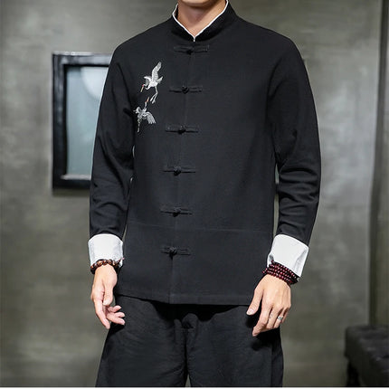 Camicie con ricamo gru Abbigliamento tradizionale cinese vintage Mezza manica da uomo in lino Solido colletto Madarin Cardigan Hanfu Kungfu