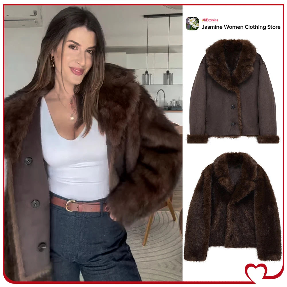 New in Reversible Double-faced Faux Fur Jacket for Women Stylish Lapel Collar Crossover Button-up Outwears Winter Brown Overcoat