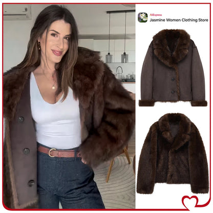 New in Reversible Double-faced Faux Fur Jacket for Women Stylish Lapel Collar Crossover Button-up Outwears Winter Brown Overcoat