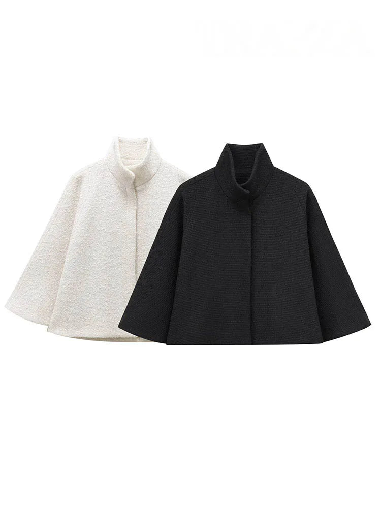 HH Women's 2025 New Solid Wool Blended Stand Collar Concealed Button Cape Jacket Female Fashion Versatile Temperament Jacket