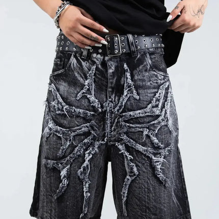 Pantaloncini Larghi Unisex Stile Gotico Retrò Y2K, Jeans Phantom con Ricamo a Ragno, Streetwear Hip Hop